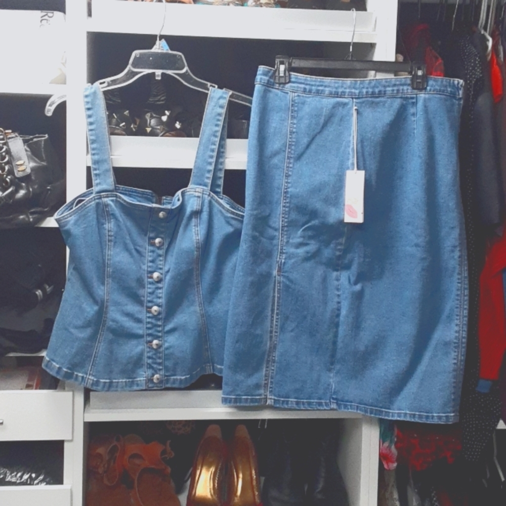 Sexy Chic denim jean two-piece skirt top set rockabilly pinup